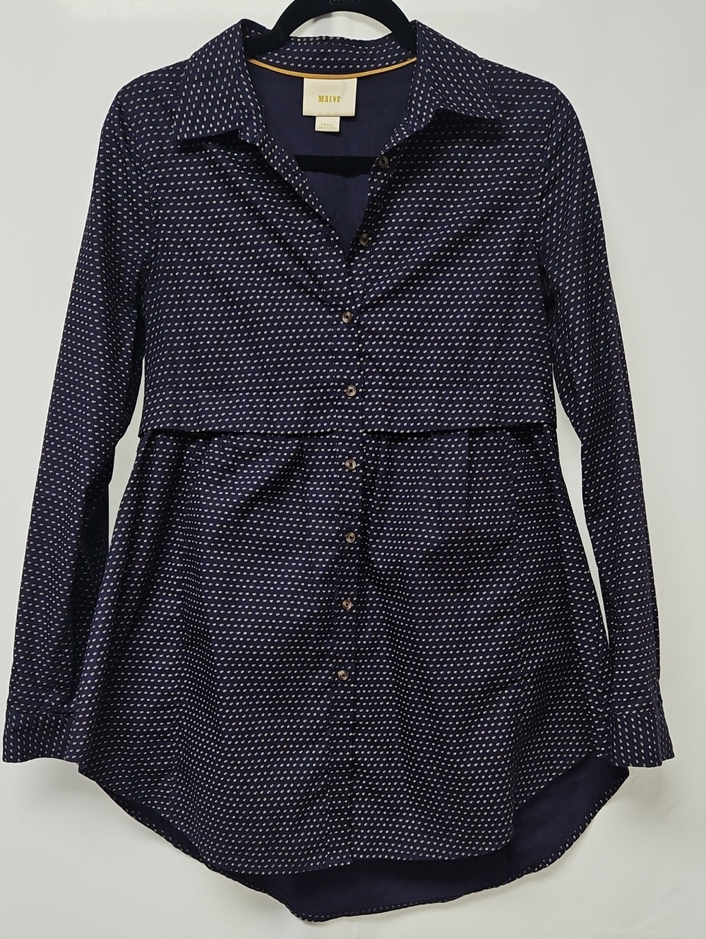 Maeve Anthropologie Small Navy Gold Dot Peplum Button Down Tunic Blouse